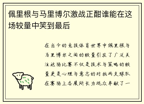 佩里根与马里博尔激战正酣谁能在这场较量中笑到最后